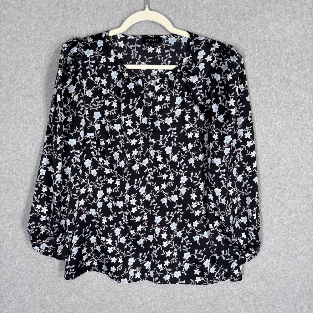 1.STATE Satin Blouse Large Black Light Blue Floral Puff‎ Shoulder Feminine Dark